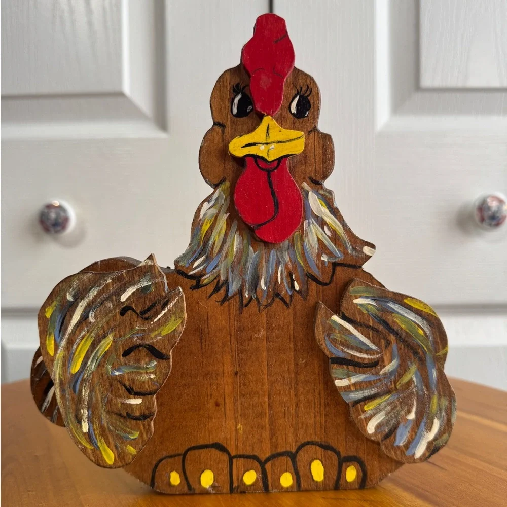 Wooden hand painted rooster chicken folk art